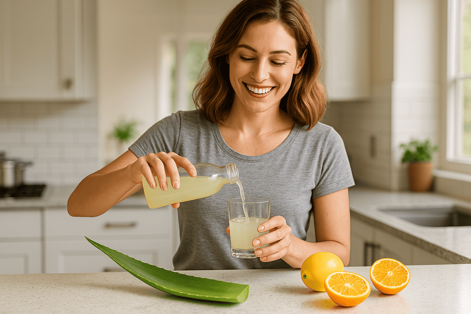 O nama – Aloe Vera Centar Žena u kuhinji ulijeva aloe vera sok u ćašu, list aloa vere i naranče su na stolu